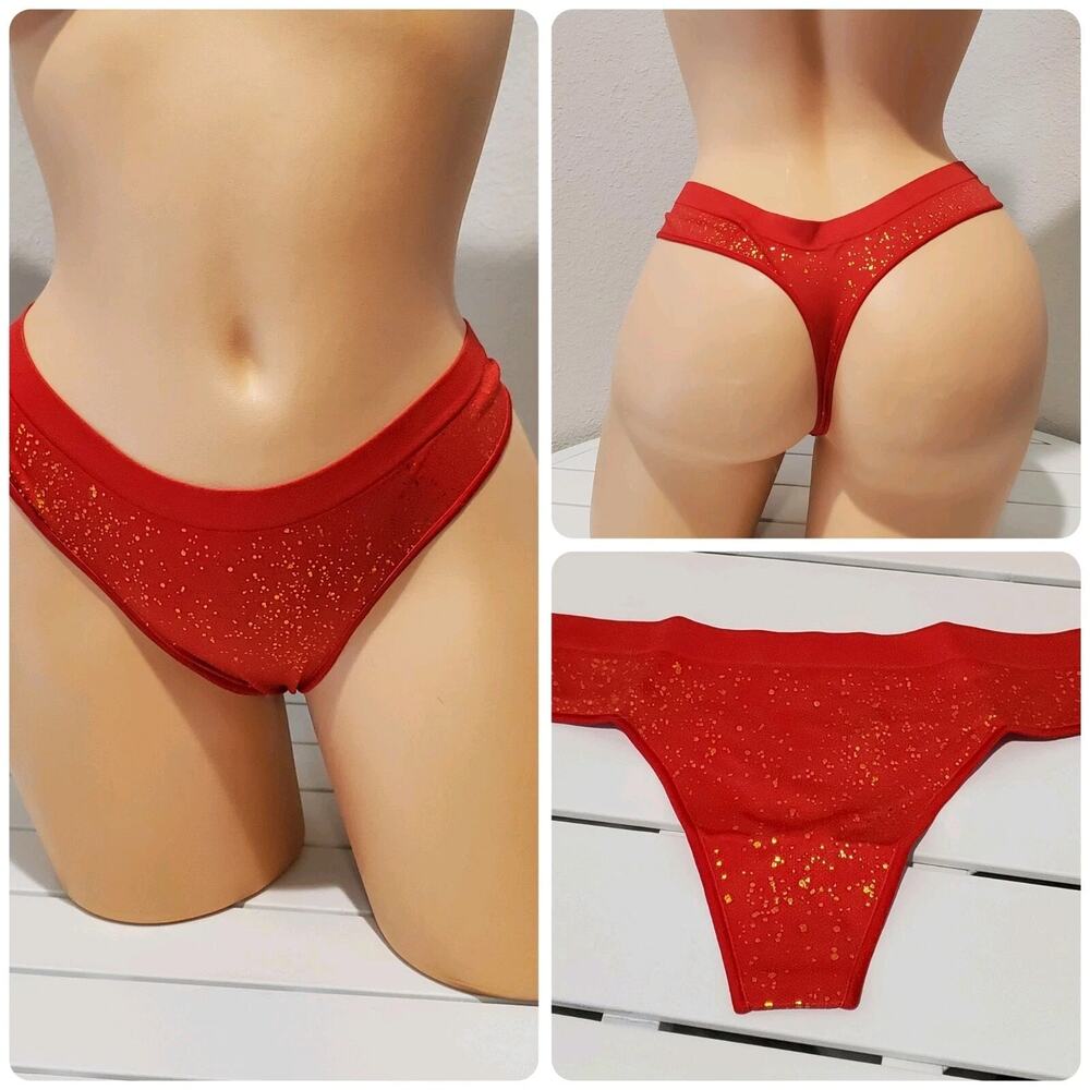 Ambrielle Thong Panty Satin Stretch Shiny Nylon Spandex Gold Sparkle Print